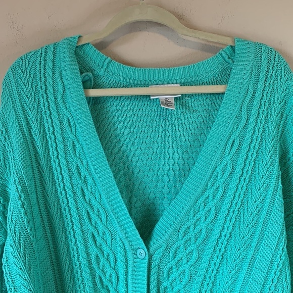 VTG Mint Green Cable Diamond Argyle Cotton Knit V Neck Grandpa Cardigan Women XL - Picture 6 of 12